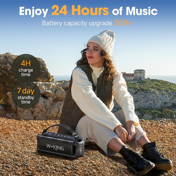 W-KING Bluetooth колонки: портативна, водонепроникна (IPX6), 60W, 24 години роботи, TF карта, USB, AUX, чорний