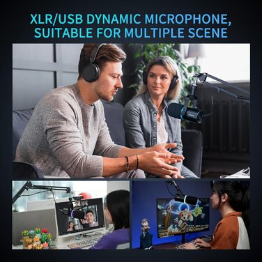 FEELWORLD PM1 Динамічний мікрофон XLR/USB з RGB-підсвічуванням для запису подкастів, геймінгу та YouTube. Комплект з підсвічуванням, навушником, підставкою та XLR-кабелем