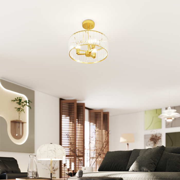 HOMCOM Chandelier with Crystal Shade - 3-Light Gold Metal Finish