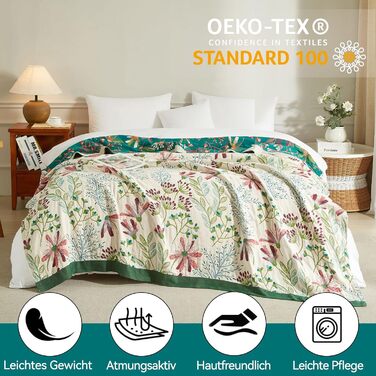 Богемна ковдра Boho 150x200 см, 100% бавовна, двостороння муслінова ковдра, плед для дивану та ліжка, Patchwork, зелено-бежева