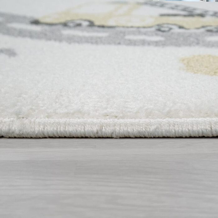 Paco Home Kids Rug, Play Rug for Children's Room, Pastel Colors, Boy/Girl, Car Street House, Cream, Petrol, Gray, Yellow, Size: 160x220 cm (Rectangular), White