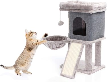 Котячий будиночок-крізьбаум Фудаджо сірого кольору, 71,5 см, з платформою для відпочинку, лежаком, дряпалкою та будиночком для котів
