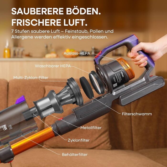 Бездротовий акумуляторний пилосос KIPMAX 50000Pa, 550W, 70 хвилин, 1.5L, з дисплеєм, антизаплутана щітка, 7-шаровий фільтр, 2 арома-пластини, для килимів, шерсті тварин, твердих поверхонь, золотий