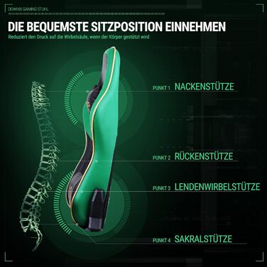 Ігровий крісло Dowinx з підлокітниками 4D та підніжкою - ергономічний геймерський стілець, 150 кг (зелений)