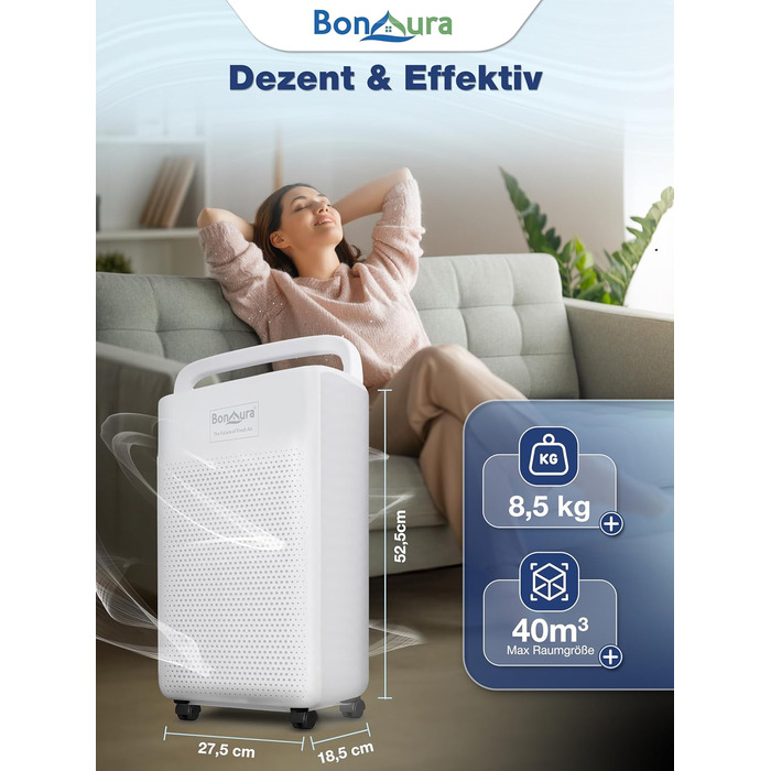 Електричний осушувач повітря BonAura® 10L з LED дисплеєм, таймером та авто-режимом - для підвалів та приміщень до 40м³ - допомога від плісняви