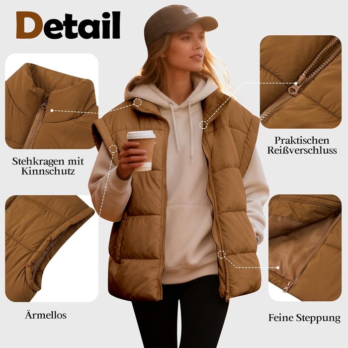 Легка степкова жилетка Daen Weste з коміром-стійкою, без рукавів, для осені/зими/міжсезоння, для активного відпочинку, S-XXL (Коричневий, L)