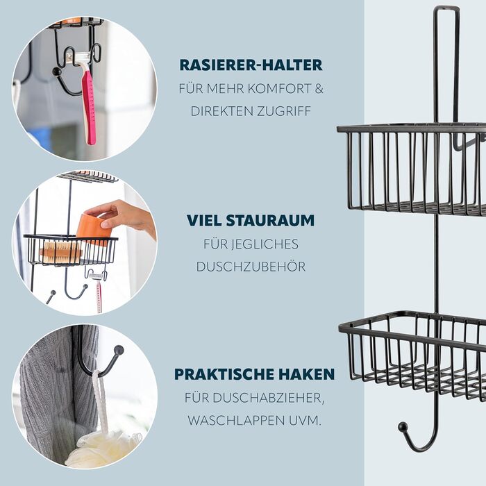Bremermann Shower Shelf, Shower Basket, Bathroom Shelf for Hanging, 2 Baskets (Black)