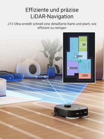 Робот-пилосос Eureka J12 Ultra з функцією миття підлоги (автоматичне очищення, прання та сушка), потужність всмоктування 5000Pa, обертова функція миття, Dual-LiDAR навігація, 3D уникнення перешкод, чорний