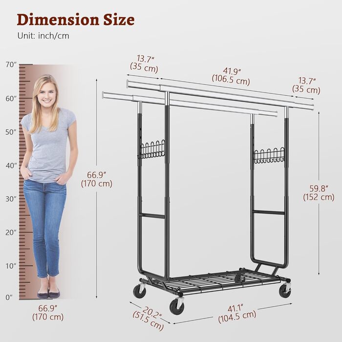 Стійка для одягу на колесах FAVOOOSTY, металева, мобільна, до 200 кг, чорна, 2 стяжки