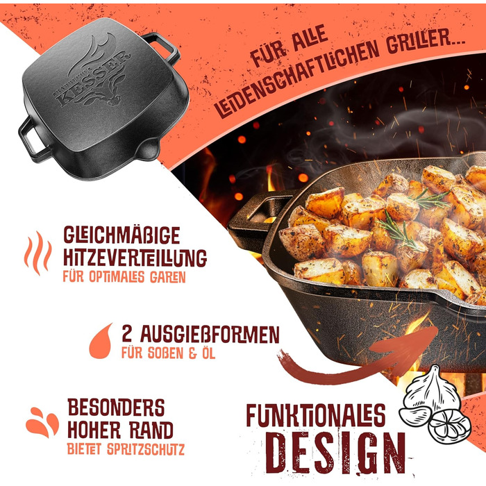 Чавунна сковорода-гриль KESSER® 26 см для індукції, газу, духовки та вугільного гриля | Сковорода для стейків з захисними ручками, кухонна книга та очищувач