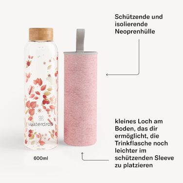 waterdrop® Edition Glass Bottle 600ml Drinking Bottle - Leak-proof glass bottle, suitable for carbonated drinks | BPA-free water bottle including neoprene sleeve | Dishwasher-safe, lightweight borosilicate glass bottle (Flair)