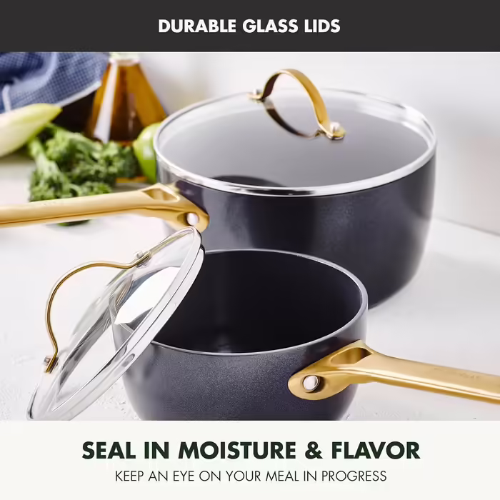 GreenPan Reserve Hartelox Ceramic Non-Stick Coating Cookware Set, 1.5QT and 3QT Saucepan Set with Lid, Gold-Colored Handle, PFAS-Free, Dishwasher Safe, Oven Safe, Black 4 Piece Set Black