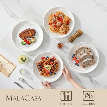 Набір посуду MALACASA LEILA на 6 осіб, 24 предмети: тарілки, миски, посуд з порцеляни з ручним рельєфним дизайном, безпечний для мікрохвильової печі та посудомийної машини, білий