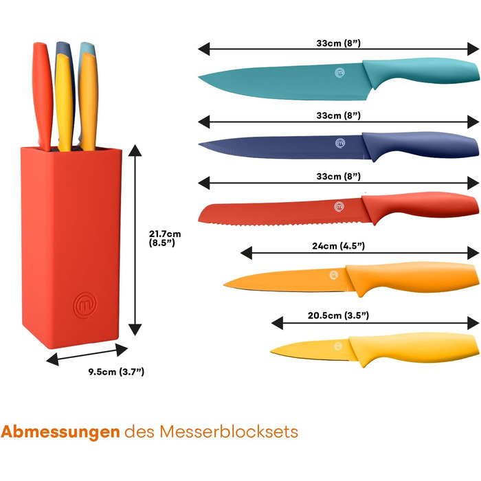 MasterChef 5-Piece Knife Block Set - Stainless Steel Kitchen Knife Set with Chef's Knife, Santoku, Bread Knife, Utility Knife, and Vegetable Knife - Sharp, Black Soft-Touch Handles