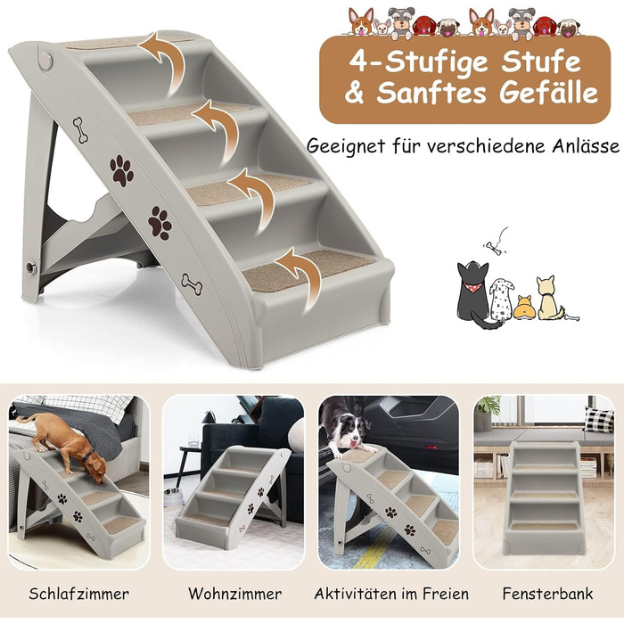 Сходинки для домашніх тварин GYMAX з 4 сходинками, складані, з пластику, з неслизькими підкладками, 4 килимками та трикутною структурою, для котів та собак (сірий)