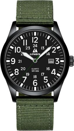 Годинник чоловічий LN LENQIN аналоговий кварцовий на текстильному ремінці, водостійкий 30M, з датою (зелений, чорний)