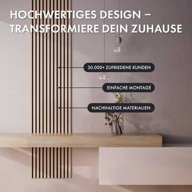 Акустична панель Momento з натурального дуба 240x50 см, 3D ламелі для шумоізоляції стін, колір дуб натуральний, чорний фліс (Made in Germany)