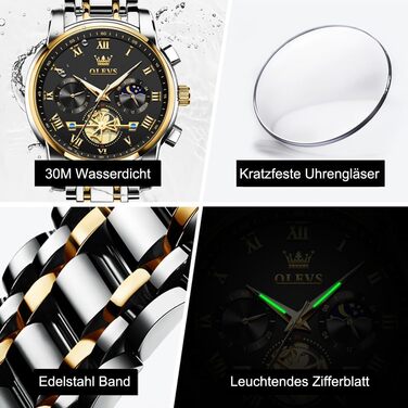 Годинник чоловічий OLEVS з металевим ремінцем, кварцовий, з місячною фазою, хронограф, водонепроникний (2859 Чорний / Двоколірний)