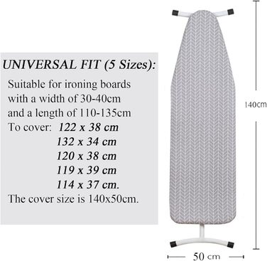 Покриття для прасувальної дошки Yizunnu 140x50 см, товсте покриття, шнурок для фіксації, регульована застібка, простий крій, стійкий до подряпин (Сірі стрілки)