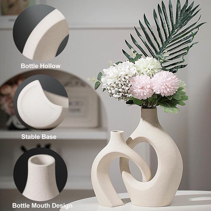 SUKIYPO Ceramic Vase Set - Beige Modern Vases (2-Pack) for Nordic, Boho Home Decor - Large Decorative Flower Vases for Living Room, Office, Farmhouse, Coffee Table
