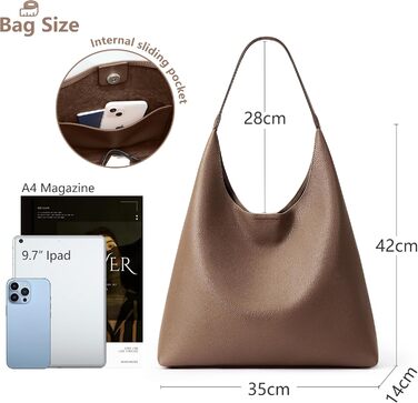 Сумка жіноча KALIDI Shopper Hobo з PU шкіри вінтажна, велика для роботи, школи, повсякденного використання, застібка - кнопка, колір кави