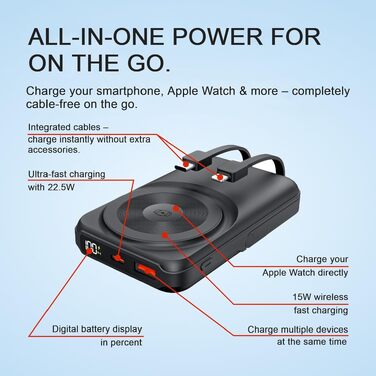 Універсальний Power Bank All-IN-ONE 10000 mAh чорний: швидка зарядка 22.5W, PD 20W, бездротова зарядка 15W, зарядний пристрій для Apple Watch, вбудовані кабелі USB-C та Lightning, LED-дисплей, алюмінієва підставка