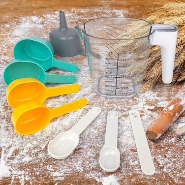 TOMYEUS Measuring Cups and Spoons Set, 9 Piece, Plastic, Cooking and Baking Kitchen Gadget