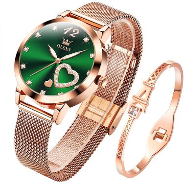 Годинник жіночий OLEVS Roségold з серцем-діамантом, чорно-біле циферблат, кварц, водонепроникний, комплект з браслетом, годинники для жінок (5189: Зелений)