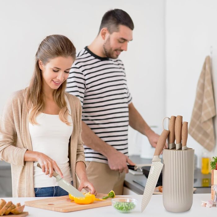 Набір кухонних ножів у блоці, 6 предметів: професійний набір ножів з нержавіючої сталі з ергономічною ручкою, супер гострі, з ножицями, антипригарне покриття, для дому, ресторану, RV (Хакі)