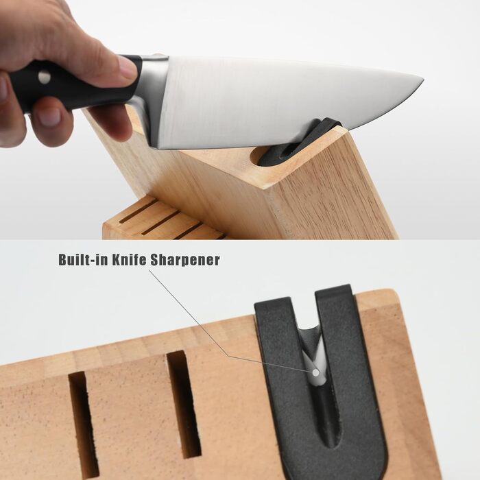 Набір ножів у блоці 13 предметів з нержавіючої сталі з ергономічними ручками, кухонний набір ножів, дерев'яний блок з шкіряним ремінцем