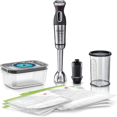 Блендер Bosch MaxoMixx MS8CM61V1 з вакуумною функцією, 1000 Вт, нержавіюча сталь, 4-в-1, мірний стакан, вакуумний насос і аксесуари
