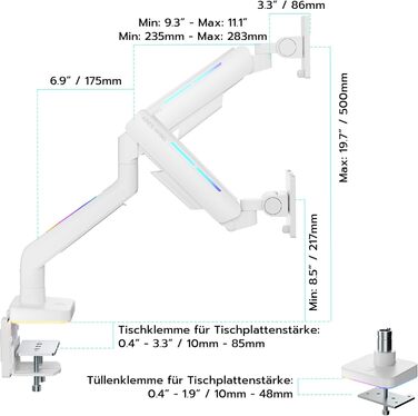 Кріплення для монітора ARES WING RGB - тримач для ігрового монітора, 17-49 дюймів, підходить для важких (20 кг) та вигнутих моніторів, регульована висота, для геймерів (білий)