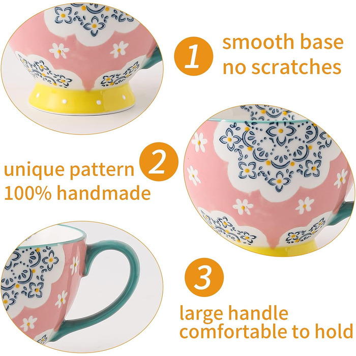 superyes Large Coffee Mug Set, 4 Pieces, Coffee Mug Set for Tea, Milk, Latte, Cappuccino, Cereal, Hot Chocolate, Soup, Gift for Friends, Family, 425 ml (Flower)