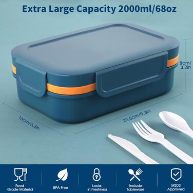 Ланчбокс для дорослих Sinnsally, 2000 мл, з відділеннями, Bento Box, з посудом, зелений