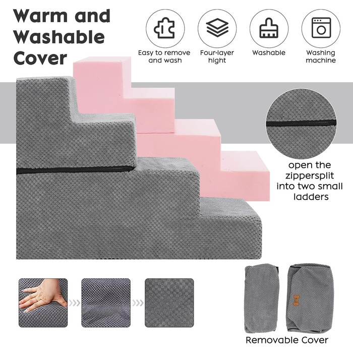 Сходинки для собак маленьких порід, 4 сходинки, 44 см, знімні, миючіся, з м'якого пінополіуретану, антиковзні, для ліжка/дивану/автомобіля