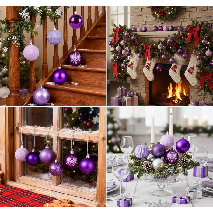40 Штучних Різдвяних Кулі Прозорі з Кришкою, 6 см, Різдвяні Кулі з 5 Різними Дизайнами, Пластикові Кулі для Ялинки, Вікна, Внутрішнього та Зовнішнього Декору (Фіолетовий)