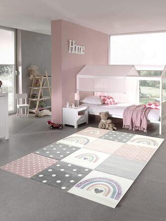 Carpet Dream Kids' Room Carpet Play Carpet Rainbow Dots Hearts Pink Gray Cream Size 140x200 cm 140x200 cm Pink Gray Cream