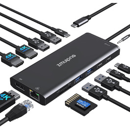 Док-станція USB-C з підтримкою двох моніторів та трьох дисплеїв, 14 в 1 для ноутбуків Dell, HP, Lenovo та інших, з 2x 4K HDMI, DisplayPort, Ethernet, 4x USB, 100W PD, USB-C Data, SD/TF, Audio/Mic (Чорний)