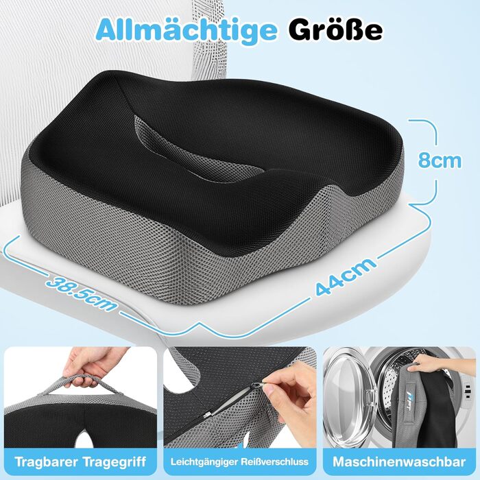 Подушка для сидіння POOTACK - для офісного крісла та авто, комфорт, піна з пам'яті, дизайн з отворами та U-подібною формою, чорний