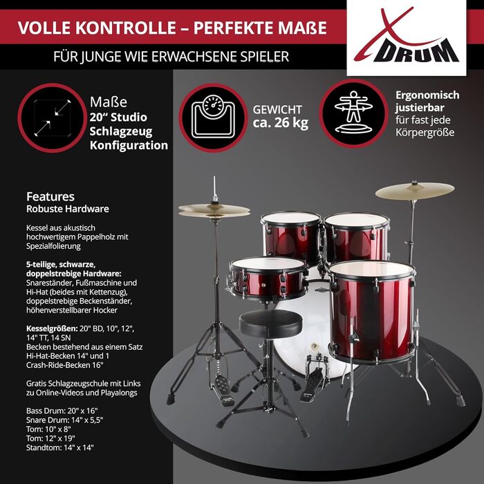 XDrum Rookie 20' барабанний комплект для студії Ruby Red – ідеальний для початківців, стильне чорне обладнання, з паличками, інструкцією та школою барабанів – червоний