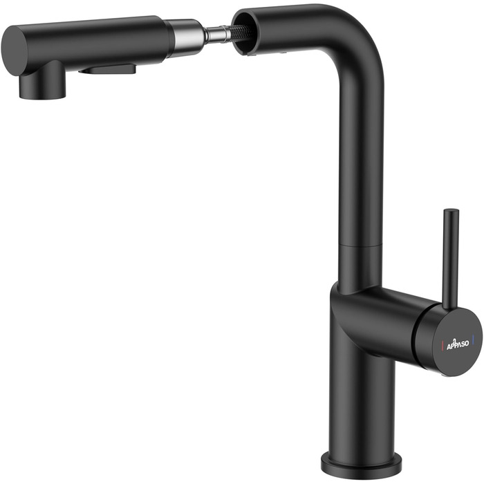 Кухонний змішувач Appaso, висувний, чорний, з 2 режимами струменя, 360° поворот, для кухні | Нержавіюча сталь, матовий чорний