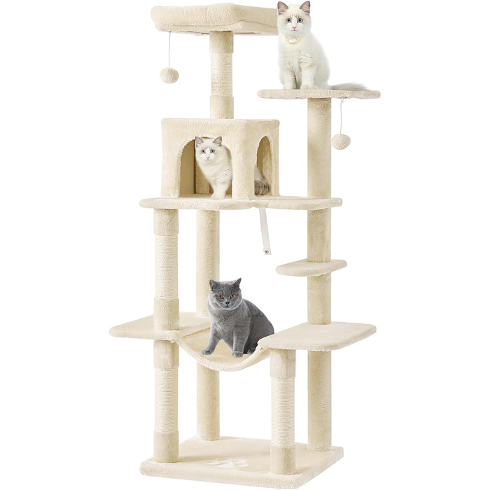 Кігтеточка для котів MSmask велика, багатоповерхова, з платформами, гамаком та сизалевими стовпчиками (бежева)