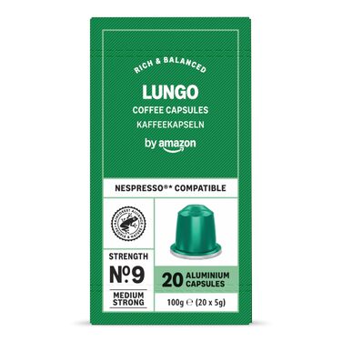 Кавові капсули з алюмінію by Amazon, сумісні з Nespresso, світле обсмажування, Lungo, 100 шт (5 упаковок по 20 шт), сертифікат Rainforest Alliance