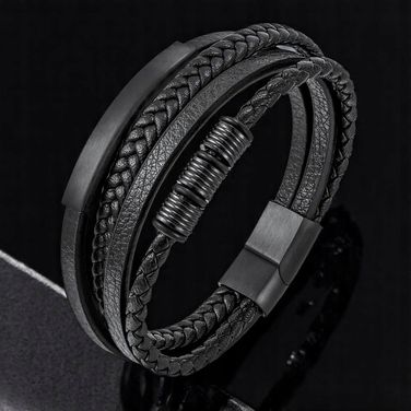 Чоловічий шкіряний браслет Lecerto, чорний, регульований (22 см) з гравіюванням