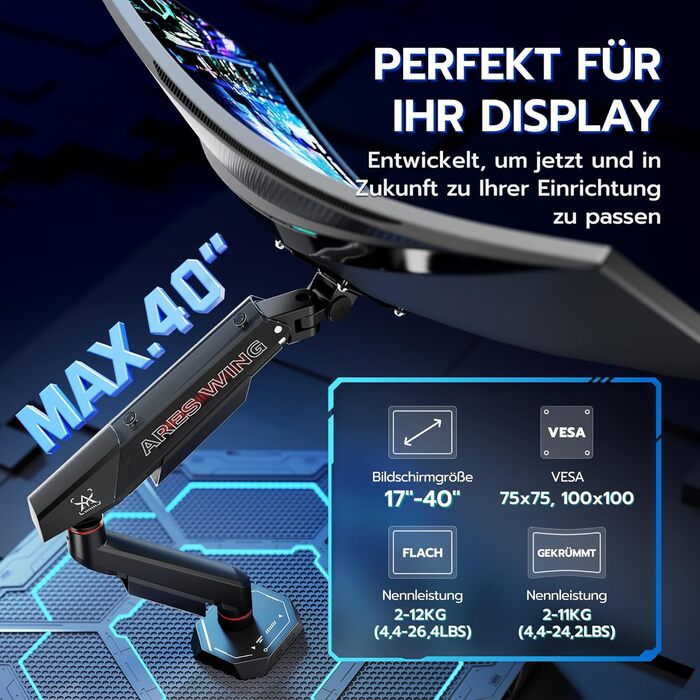 Кронштейн для монітора ARES WING для плоских та вигнутих екранів 17-40 дюймів, регульований тримач з VESA 75/100 мм, навантаження до 12 кг, чорний
