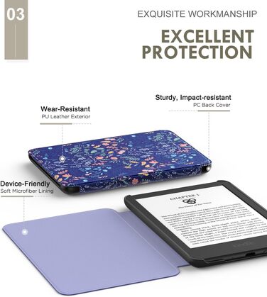 Чохол MoKo для Kindle 6' (11 покоління, 2024/2022) з авто-вимкненням, Smart Cover з квітами на синьому фоні