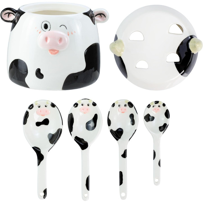 Ceramic Measuring Spoon Set with Cow Pattern, 4-Piece, for Dry or Liquid Ingredients, with Measuring Cup Set, Microwave Safe, Hand Wash Recommended