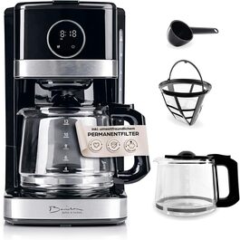 Кавомашина Barista Filterkaffeemaschine з регульованим м'яльним жорном та термокружка | Функція підігріву, таймер 24 години та постійний фільтр | Для 10 чашок кави | Кавомашина для зерен та меленої кави [Нержавіюча сталь] (10) Чорний колір - скляна колба (сенсорний дисплей)