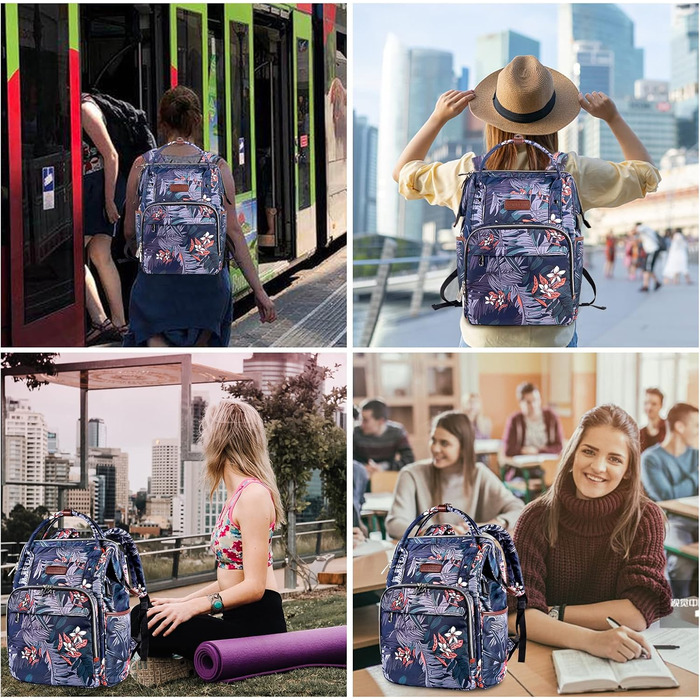 Рюкзак для ноутбука Vankean для жінок, 15.6-16.2 дюйми, з USB-портом, водонепроникний, для роботи/школи/подорожей, квітковий дизайн, темно-синій/червоний