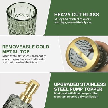 Набір аксесуарів для ванної кімнати зі скла (5 предметів), набір дозаторів для мила зі скла з нержавіючої сталі, елегантний сучасний декор для ванної кімнати, подарунок на День святого Валентина, день народження або новосілля (Shallowgreen)